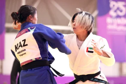 Player Bashirat Khroudi wins the UAE's first gold medal at the Islamic Solidarity Games in Riyadh in the judo competition