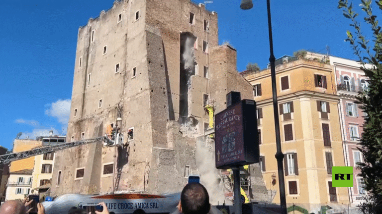 A historic medieval tower in Rome collapsed during restoration work