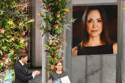 The daughter of Venezuelan activist Maria Corina Machado accepts the Nobel Peace Prize on her behalf