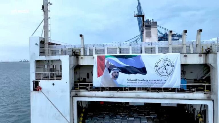 With 10 million meals... "Mohammed bin Rashid's Humanitarian Ship" sets sail from Abu Dhabi to support our brothers in Gaza