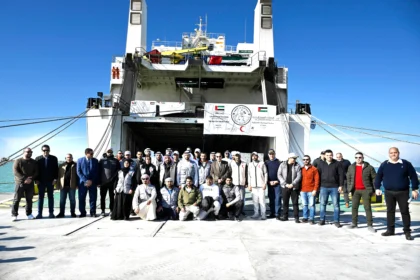 An Emirati ship arrives at the port of El Arish carrying 4,000 tons of aid for Gaza