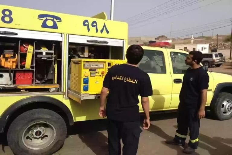 Two people were killed and 12 injured when a projectile landed in a residential area in Al-Kharj, Saudi Arabia.