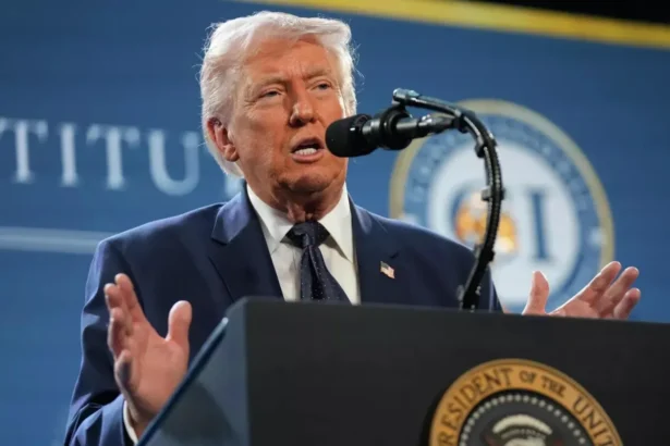 Donald Trump during a speech in which he talks about the Strait of Hormuz.