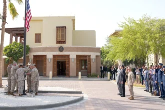 US Secretary of State Marco Rubio attends the flag raising ceremony at the US Embassy in Kuwait during a visit to the Middle East
