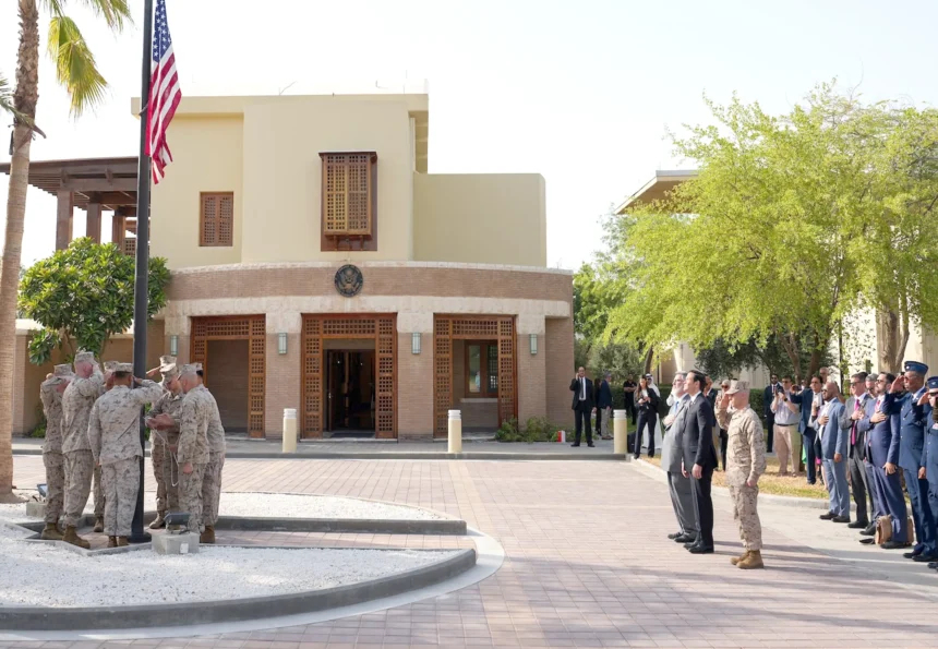 US Secretary of State Marco Rubio attends the flag raising ceremony at the US Embassy in Kuwait during a visit to the Middle East