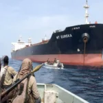 A hijacked fuel tanker drifts towards the Somali coast after an attack off Yemen