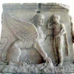 Hero Oedipus in front of the Sphinx