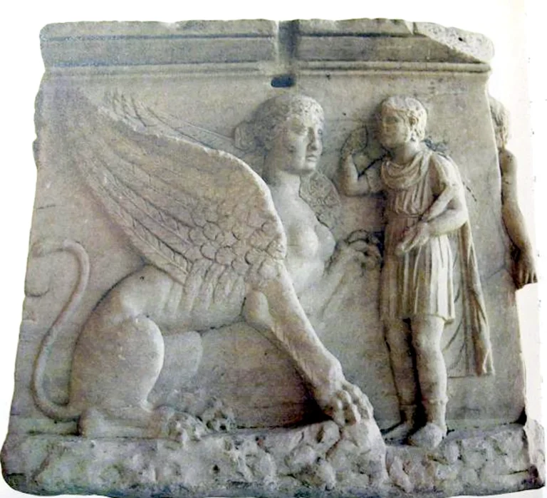Hero Oedipus in front of the Sphinx